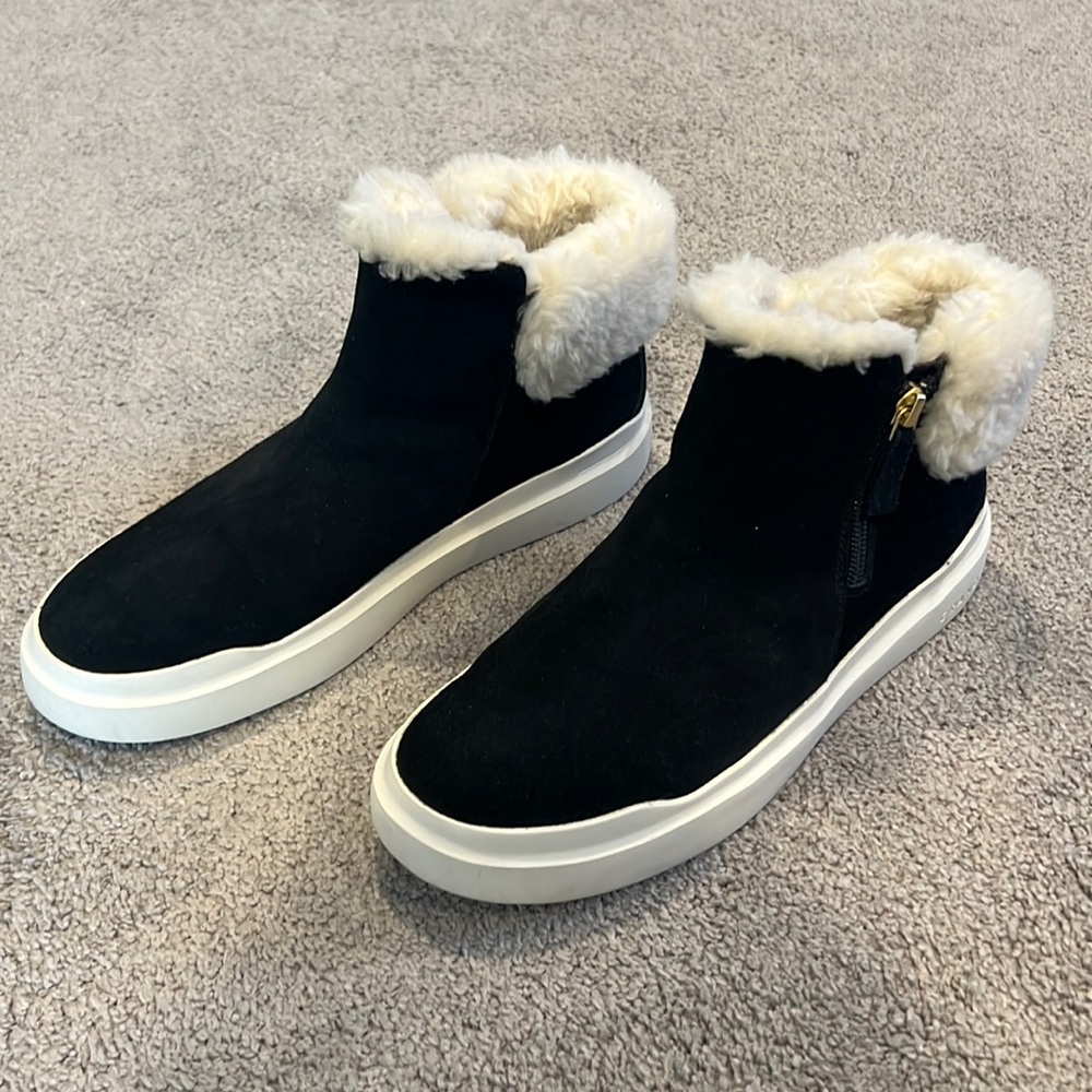 Cole Haan black suede faux fur top booties women